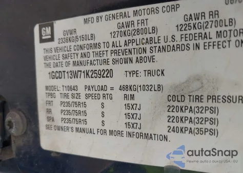 2001 Chevrolet S-10 Ls z USA, uszkodzony, nr VIN 1GCDT13W71K259220